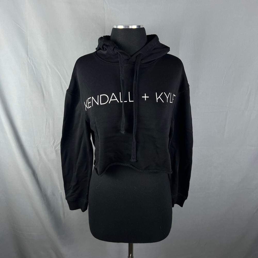 Kendall + Kylie Cropped Hoodie Womens XS Black Graphic Print Cotton Fleece Lined
